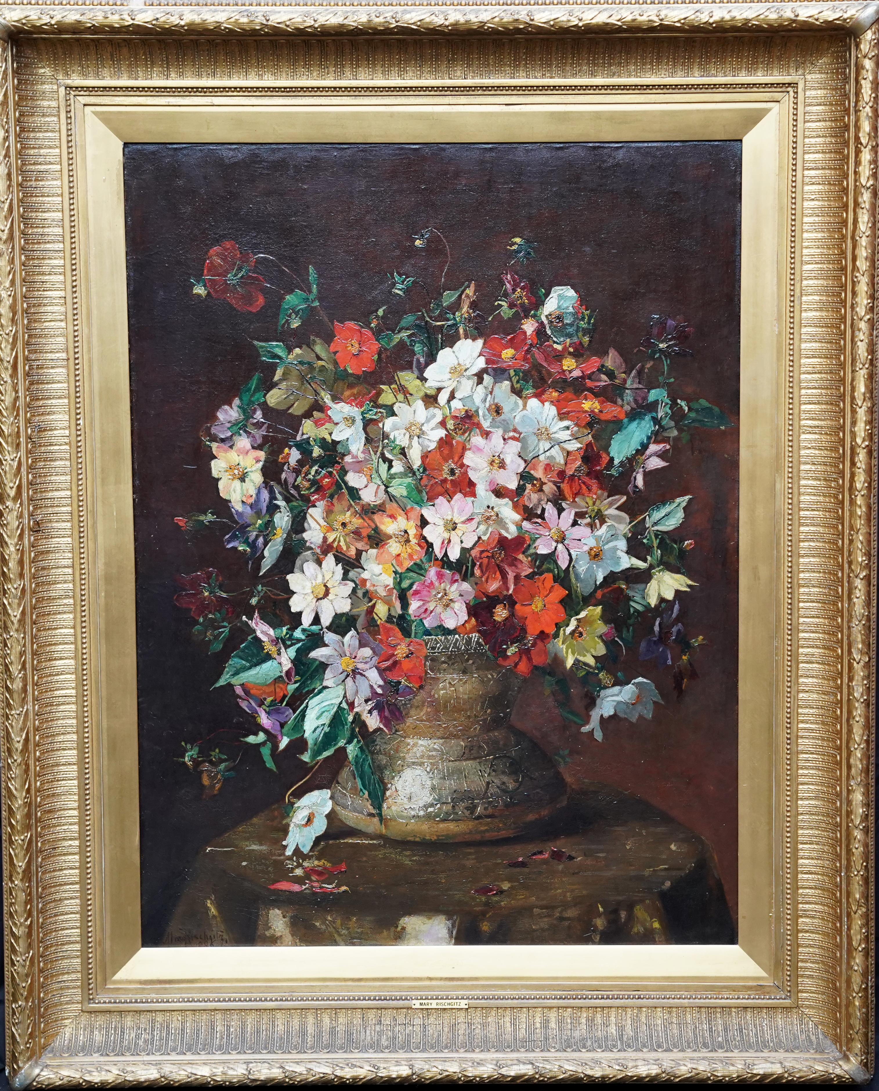 Single Dahlias Bouquet - British Victorian floral still life exh. oil painting  For Sale 7