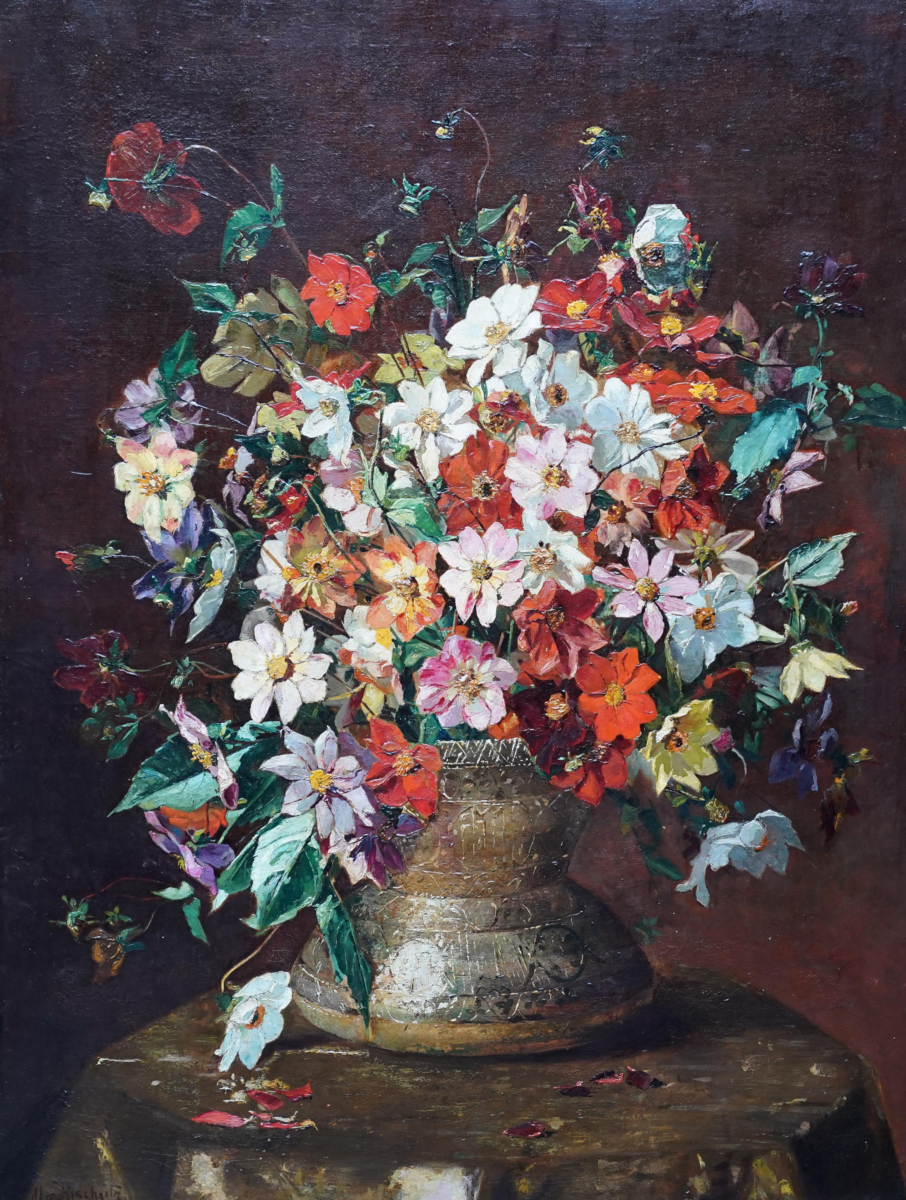 Single Dahlias Bouquet - British Victorian floral still life exh. oil painting  - Painting by Mary Rischgitz