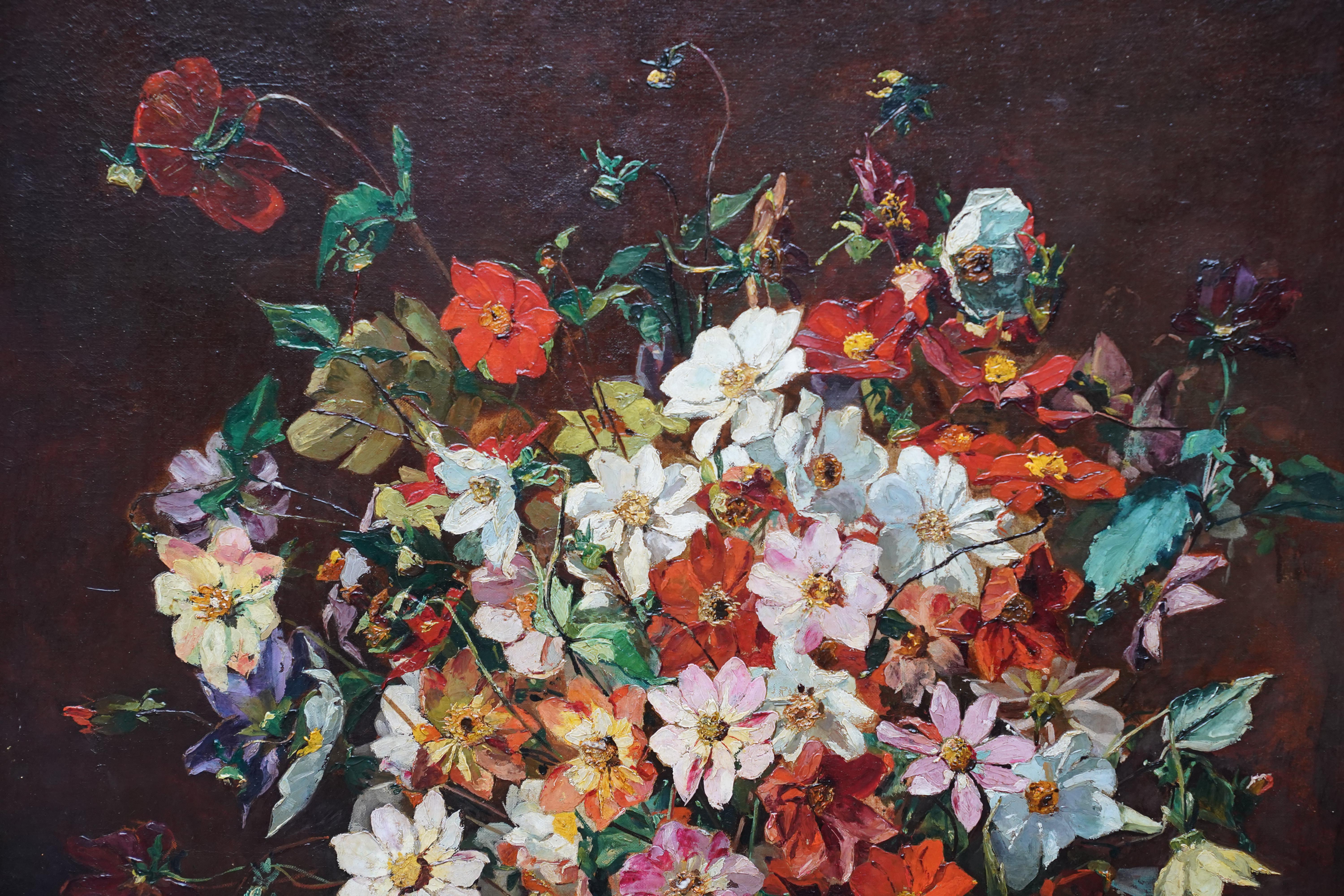 This wonderful exhibited British Victorian floral still life oil painting is by female artist and flower painter Mary Rischgitz. Painted in 1886 it was exhibited at the Royal Academy in 1887. It is a stunning opulent bouquet of delicate single