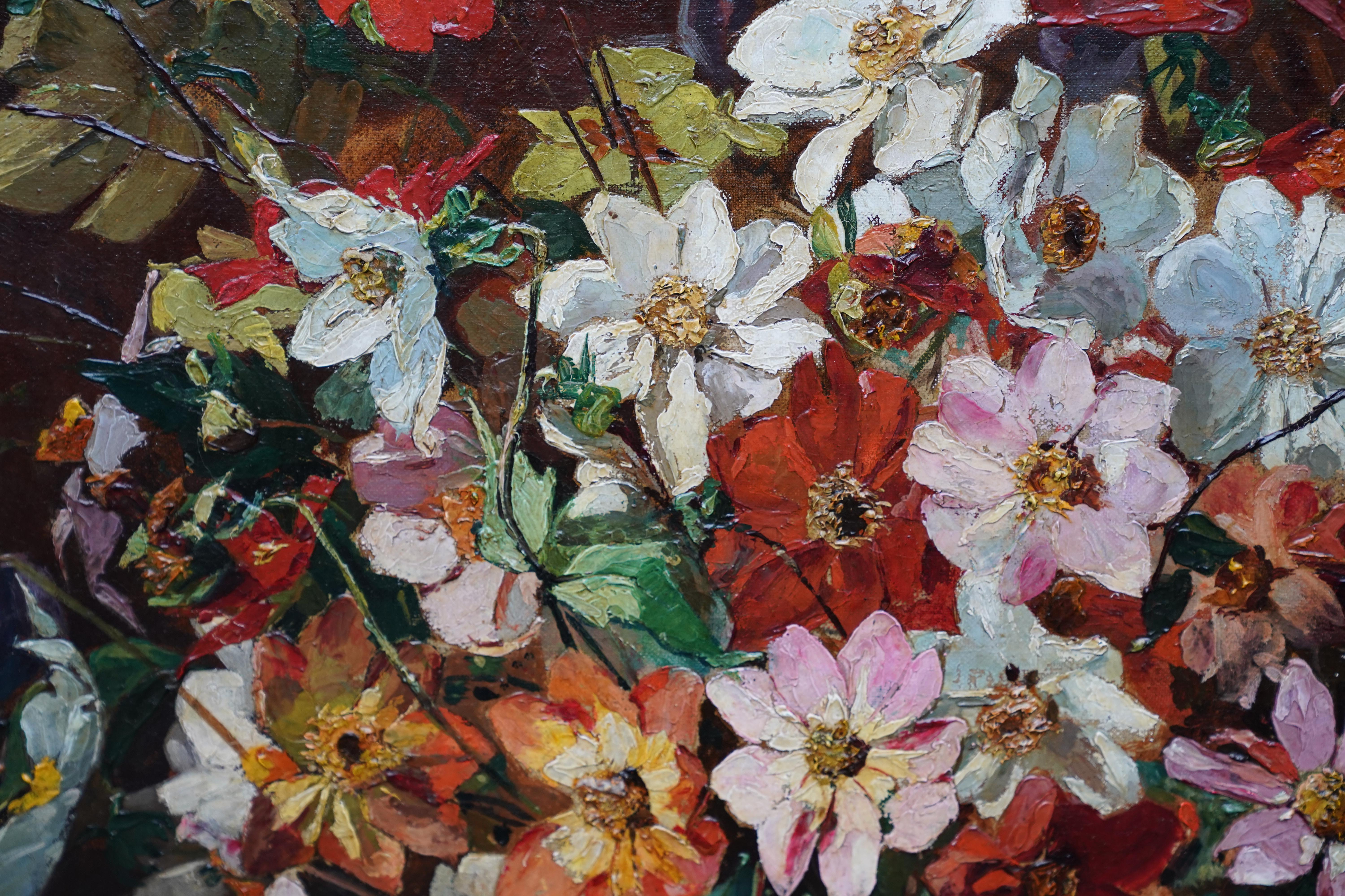 Single Dahlias Bouquet - British Victorian floral still life exh. oil painting  For Sale 2