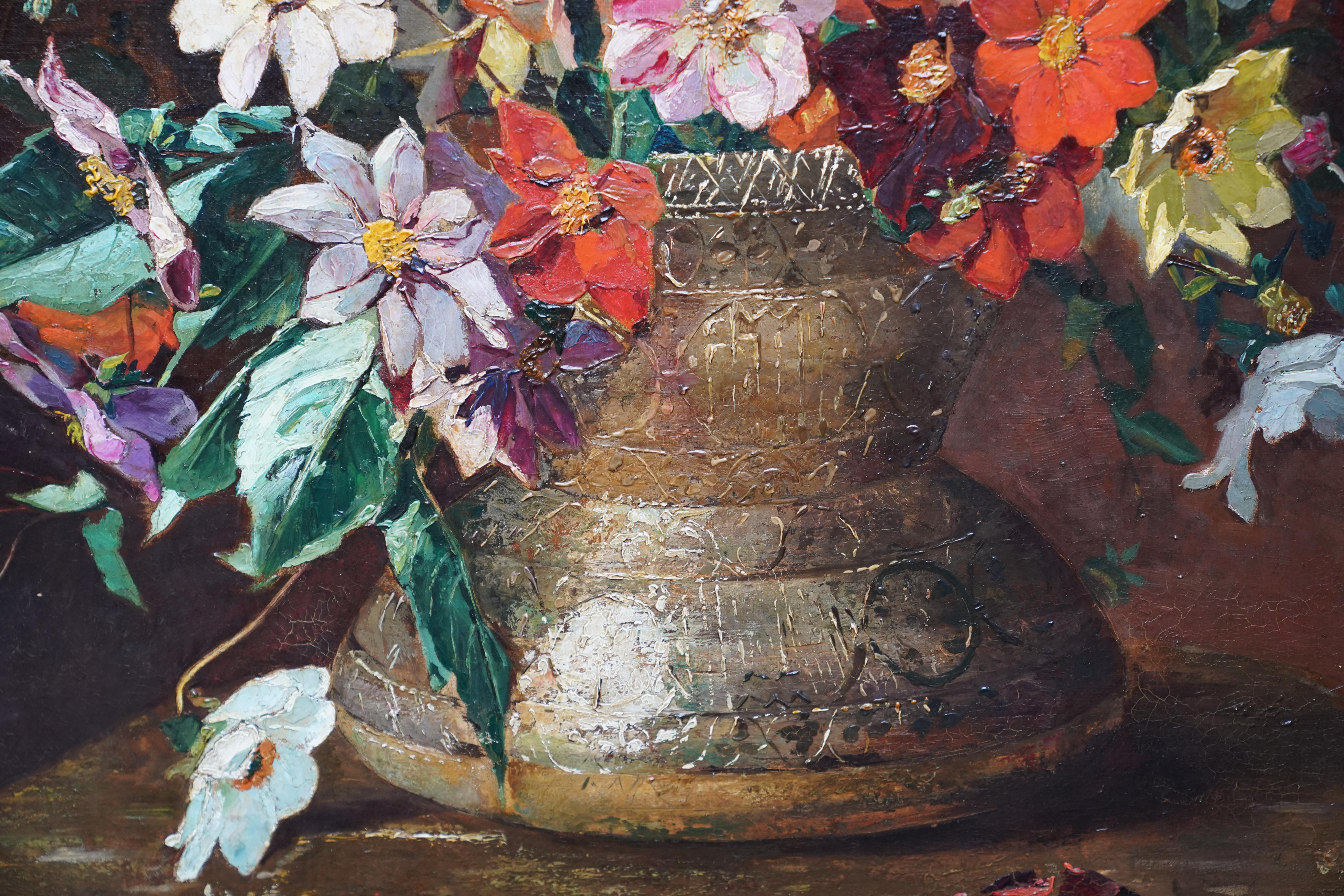 Single Dahlias Bouquet - British Victorian floral still life exh. oil painting  For Sale 2