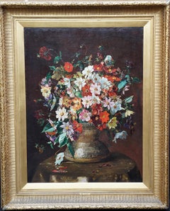 Antique Single Dahlias Bouquet - British Victorian floral still life exh. oil painting 