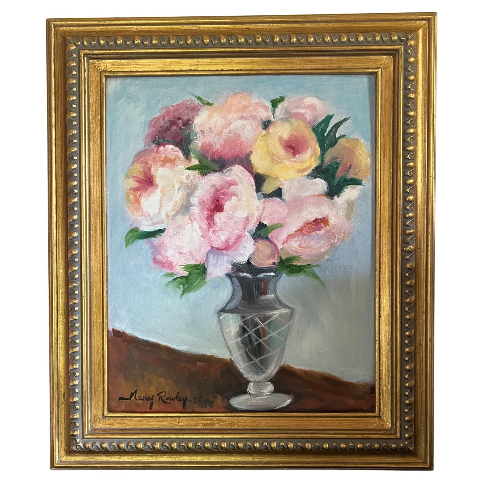 Oil painting by Mary Rowley (1921-2020). Mary Rowley reproduced the Masters for the Louvre museum during WWII so if the Germans stole them they would not be originals. This floral still life was done towards the end of her long life.

Signed Mary