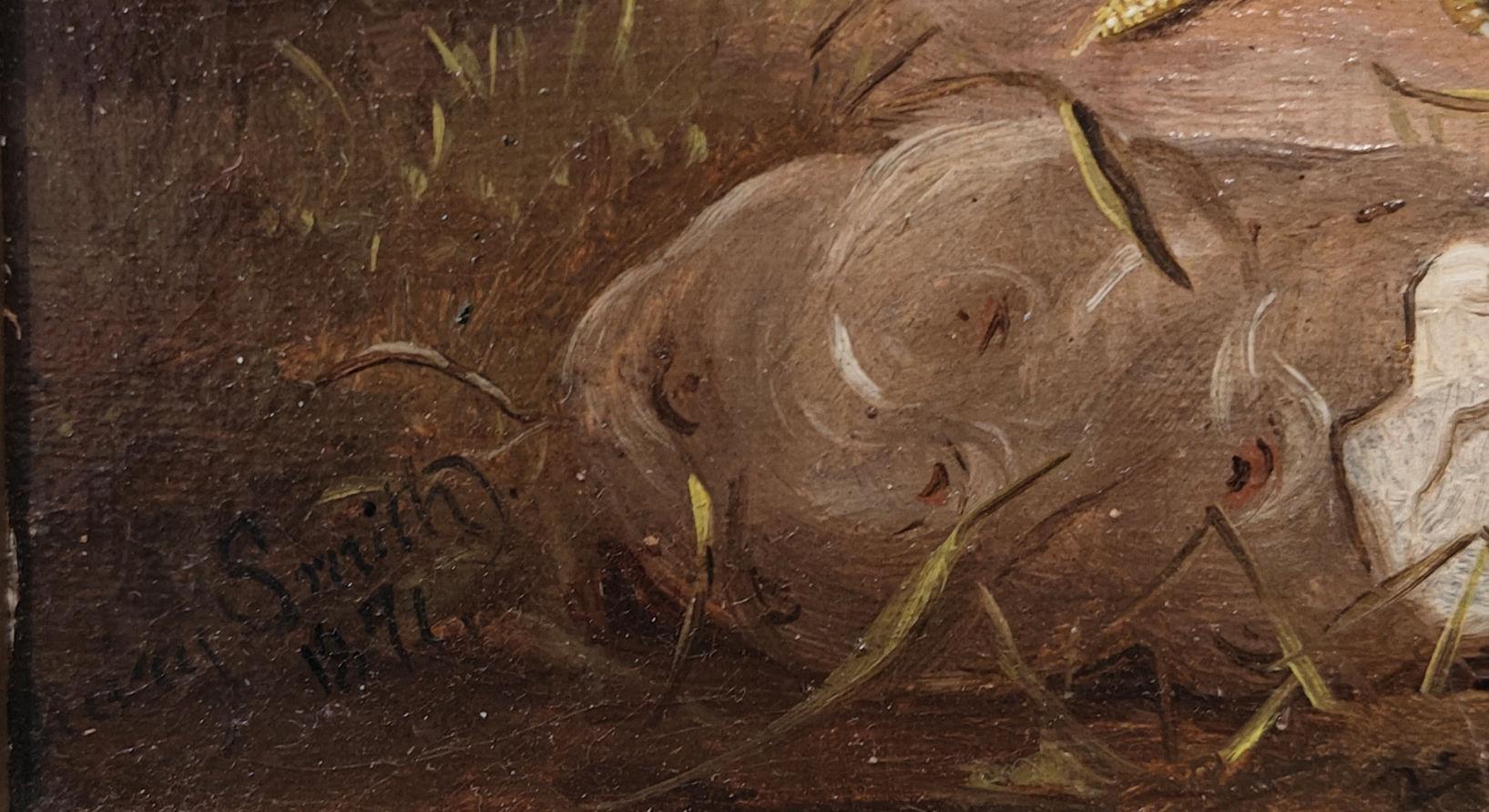 Marie Smith & Smith
Tribu à plumes, 1871
Signé et daté en bas à gauche
Huile sur toile
9 1/2 x 14 3/4 pouces


Fille du peintre de décors de théâtre et de paysages Russell Smith (1812-1896) et de son épouse, la peintre de fleurs Mary Priscilla