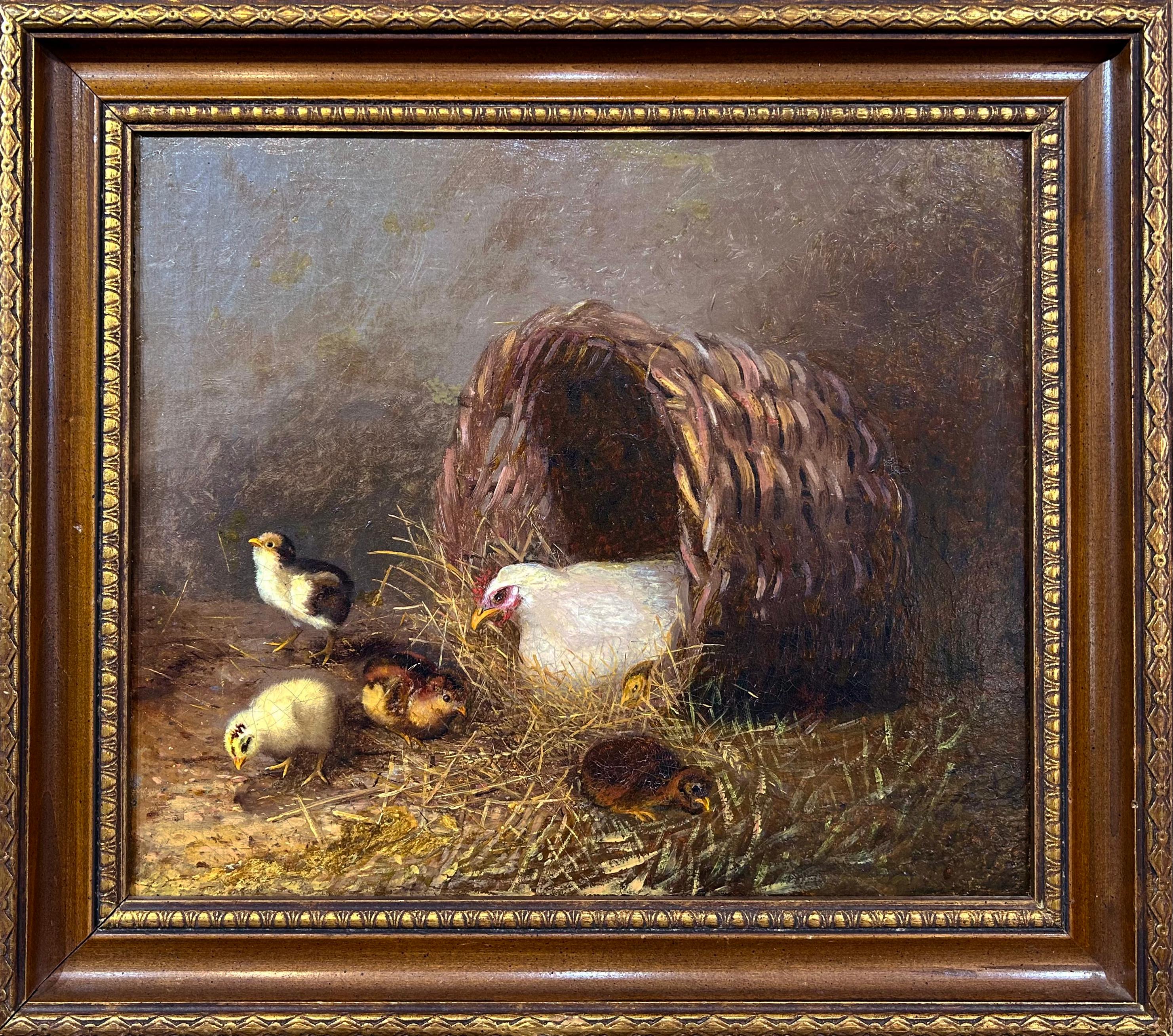 Gallina y pollitos en una cesta, escena realista de una pintora de Pensilvania - Painting de Mary Russell Smith 