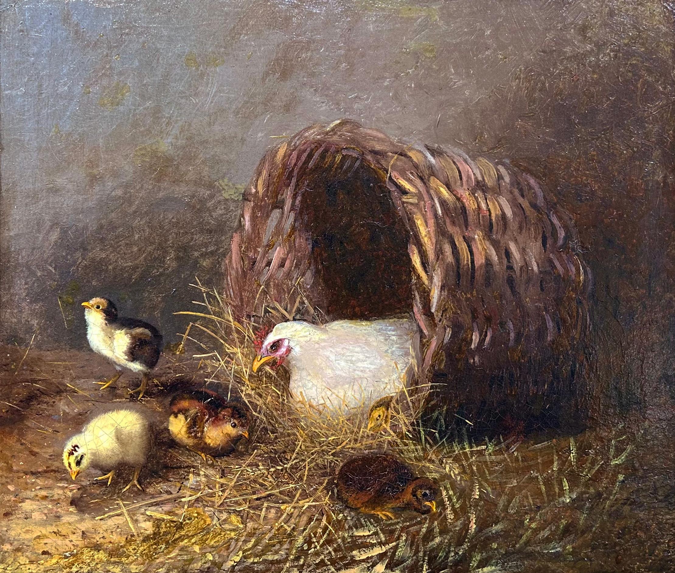 Gallina e pulcini in un cesto, scena realista di una pittrice della Pennsylvania