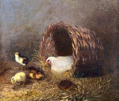 Gallina e pulcini in un cesto, scena realista di una pittrice della Pennsylvania