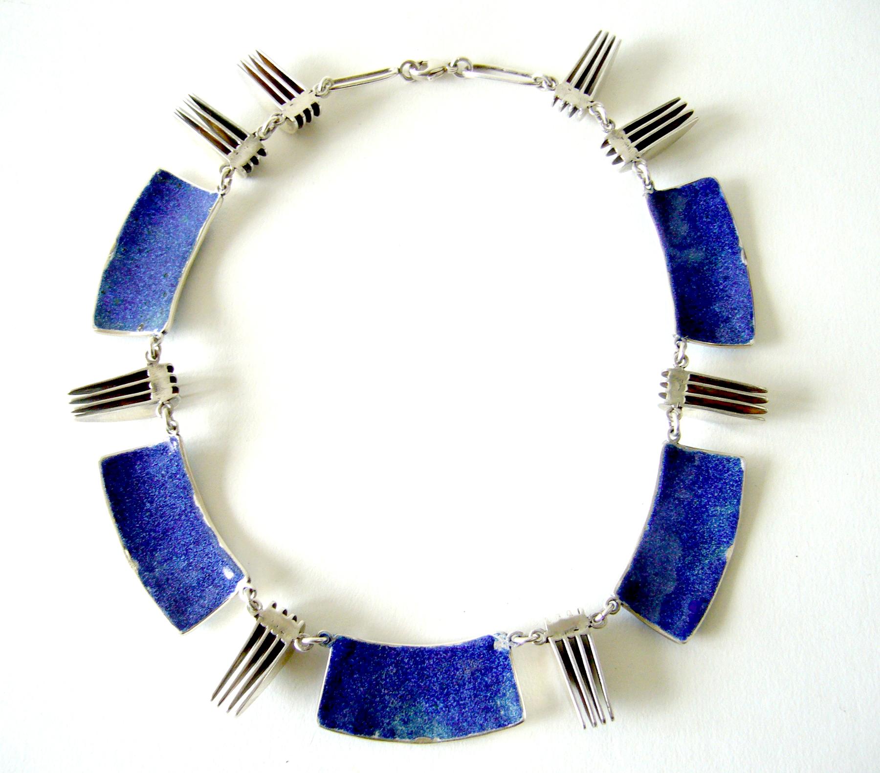 Enamel over sterling linked plaque necklace with eight sterling silver Moderne style elements separating the enamel plaques.  Rare and one of a kind, created by Mary Schimpff of New Smyrna Beach, Florida.  Necklace is made of the utmost quality and