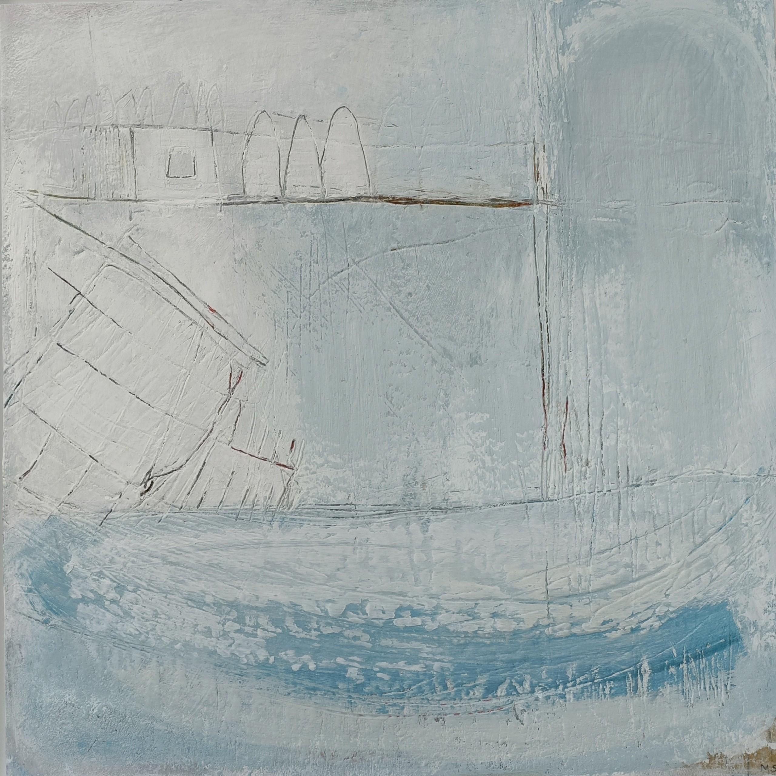 Meet Me By the Harbour, peinture de paysage marin abstrait, art bleu, art contemporain