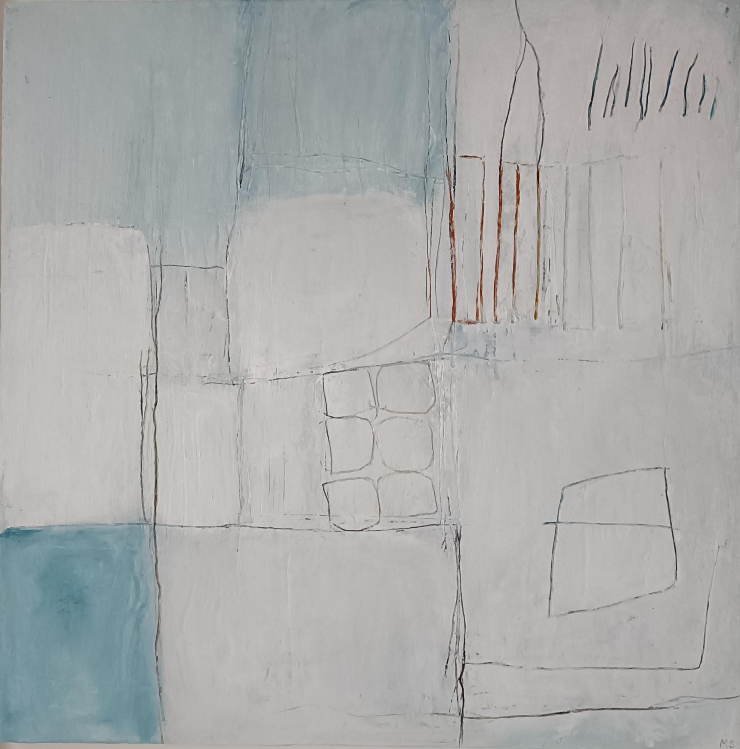 Landscape Painting Mary Scott - Meet me by the Wall, peinture abstraite de paysage marin, art bleu pastel, art stratifié