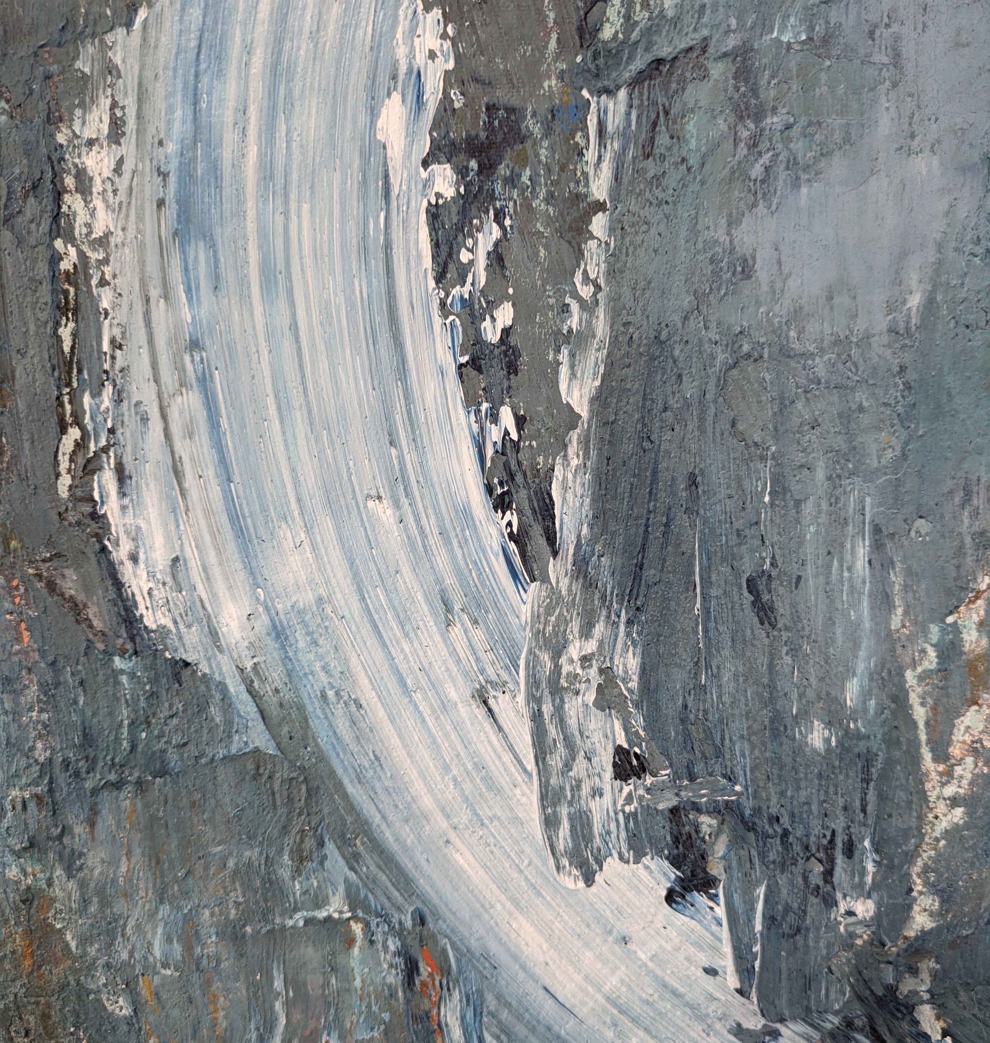 Mary Scott Resonance An original seascape painting Oil paint on canvas 50 cm x 70 cm x 2 cm (unframed size) 55 cm x 75 cm x 3.5 cm (framed size) Sold framed (white painted wood tray frame) Resonance (an original seascape painting) by Mary Scott is