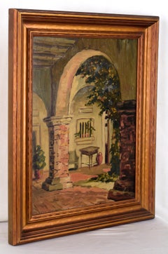 Steinsäulen und Bogen in der kalifornischen Mission – Innenssszene von Mary Scott