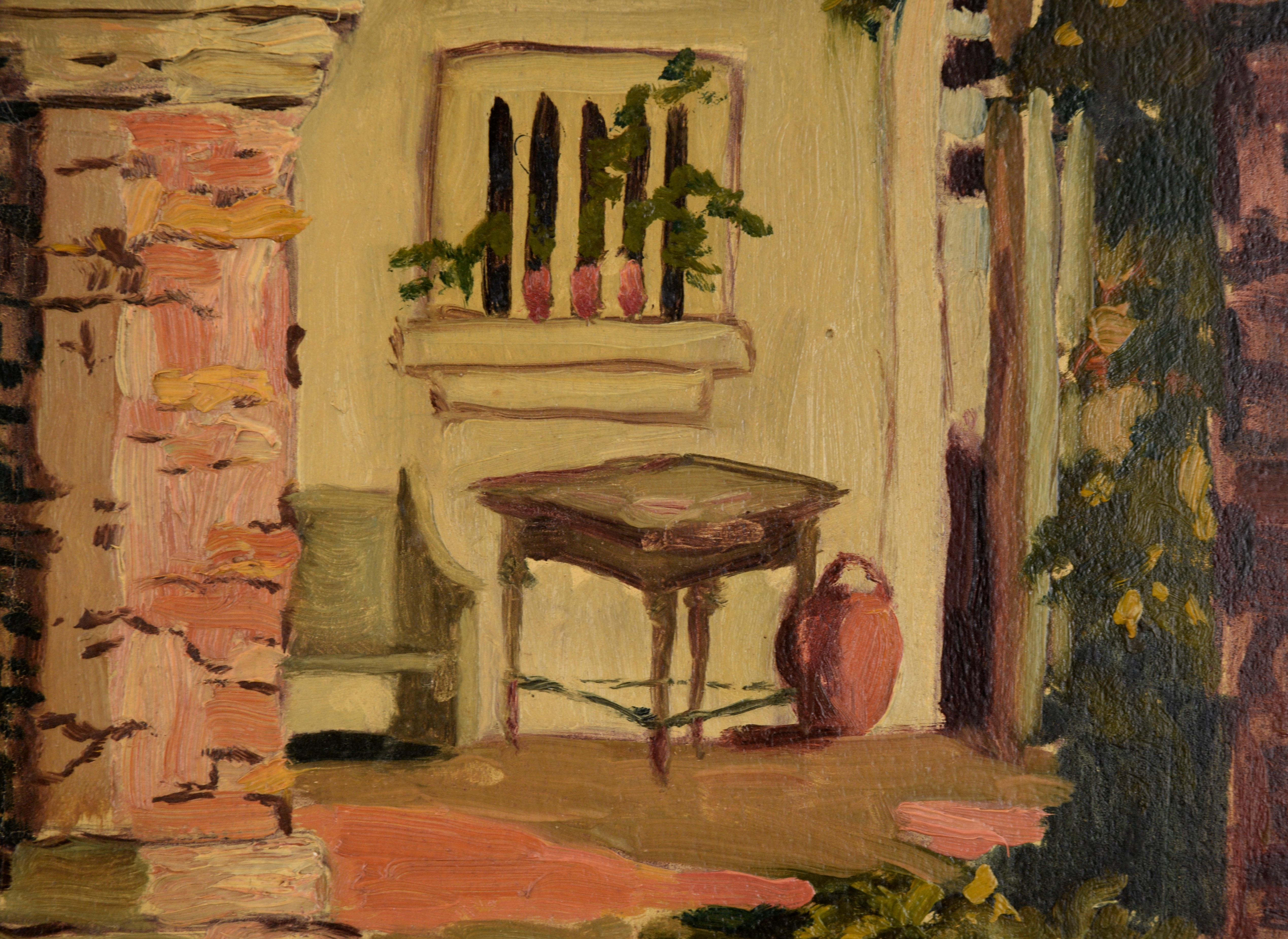 Interior courtyard scene by Mary Scott (American, late 19th/early 20th C). Two large stone columns support an arch, framing the composition. Between the columns, some of the courtyard can be seen, including a tree and the edges of a grassy area.