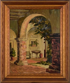 Vintage Stone Columns and Arch in the California Mission - Interior Scene by Mary Scott