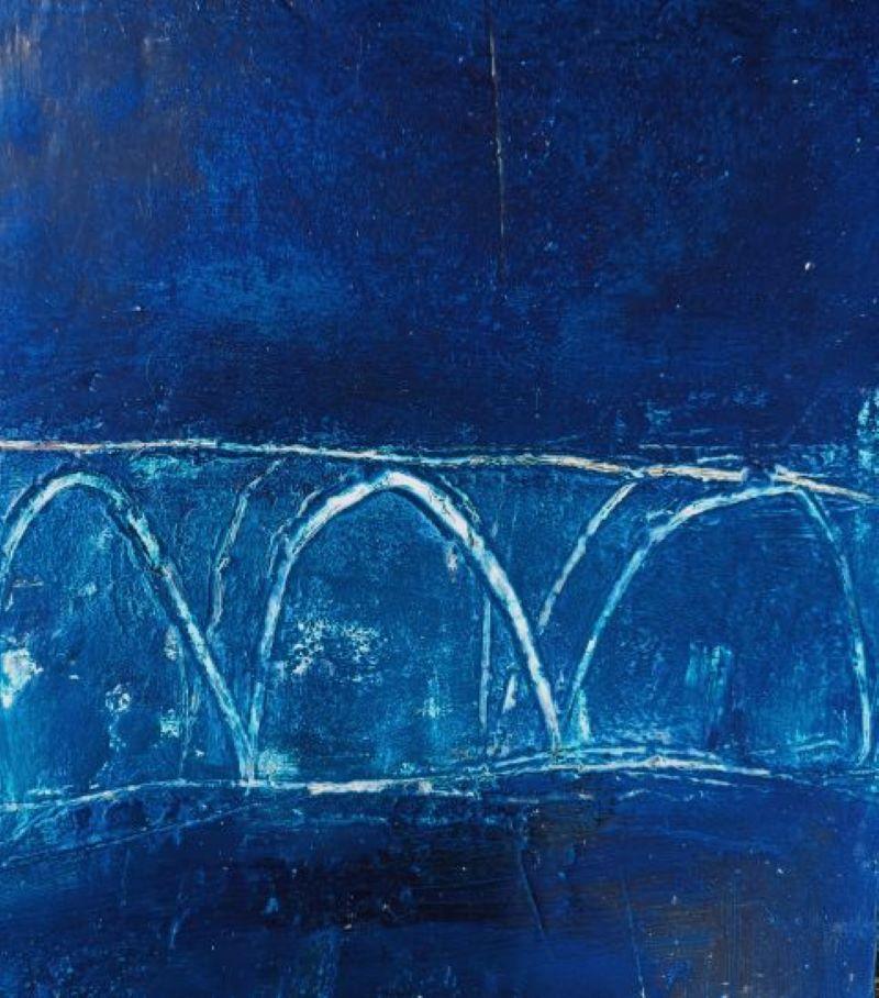 Time to come home, abstract art, orginal blue painting - Painting by Mary Scott