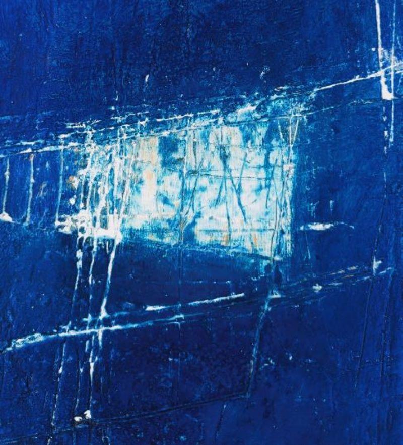 Tempo di tornare a casa, arte astratta, dipinto originale blu - Painting Astratto di Mary Scott