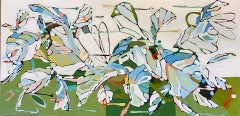 Cassia, acrylic painting, abstract, nature, leaves, green blue and pink