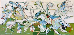 Cassia, peinture acrylique, abstrait, nature, feuilles, bleu vert et rose