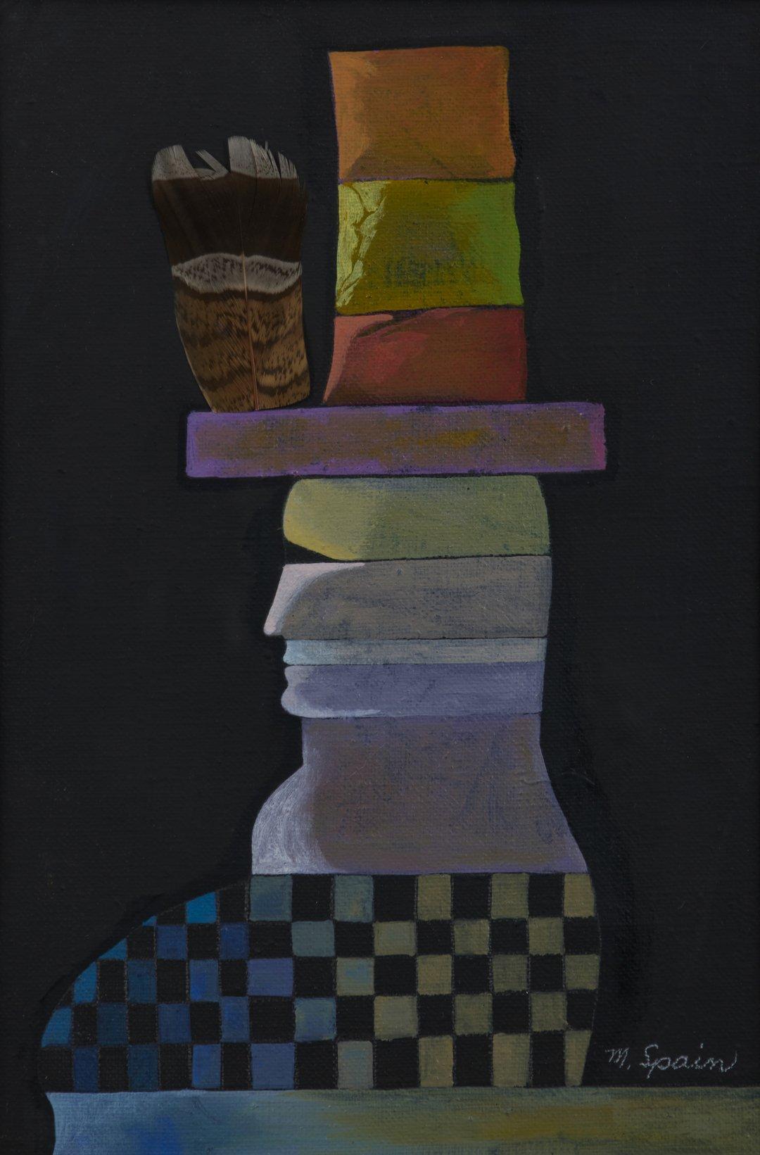Uomo con piuma nel cappello 20° secolo Figurale astratto Scuola di Cleveland Artista donna - Mixed Media Art di Mary Spain