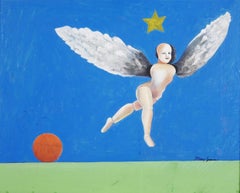 Flying Figure, blue surrealist oil painting 