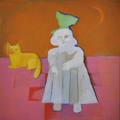Girl with Cat, large pink and orange surrealist whimsical oil painting