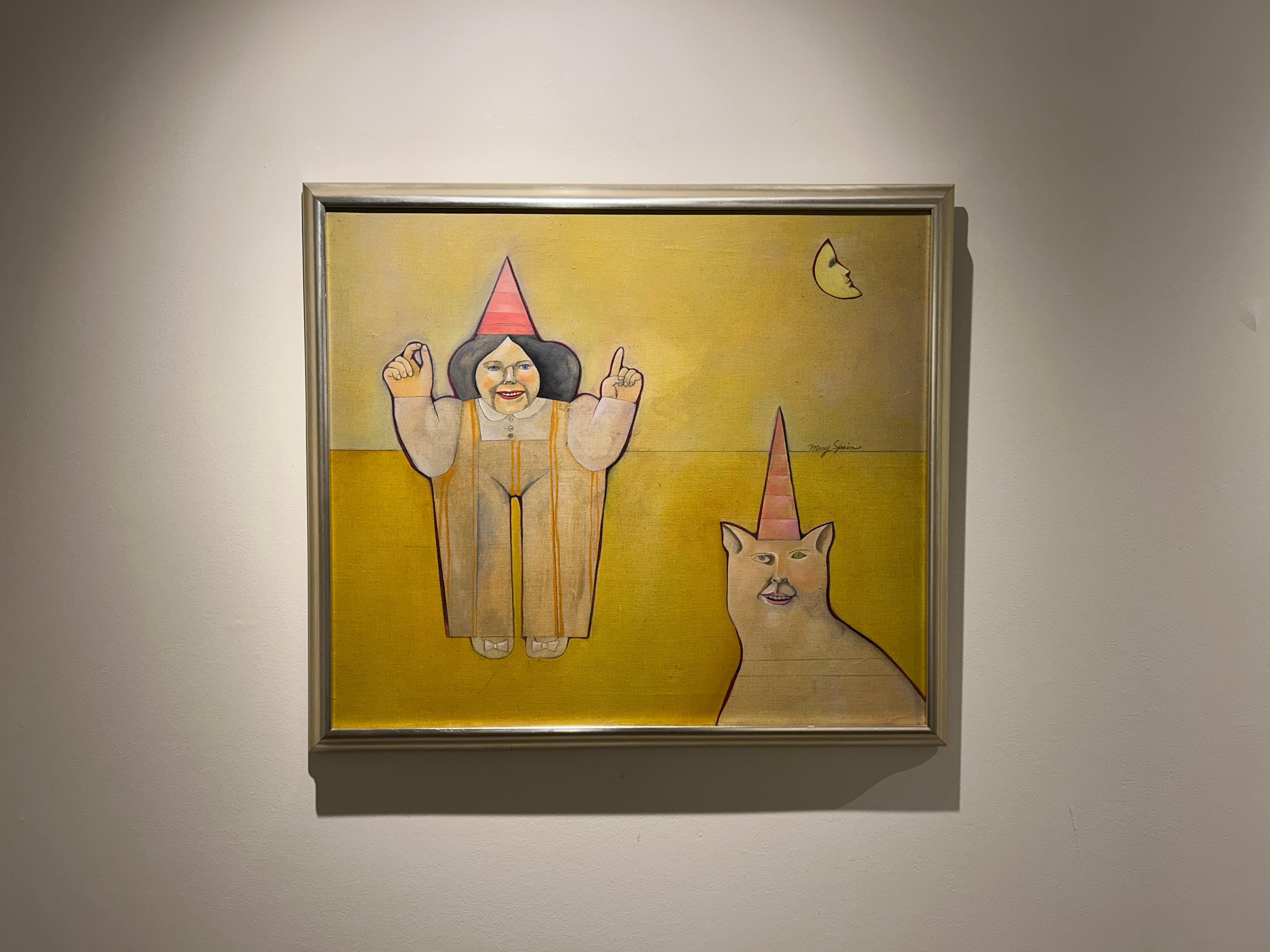 Janet and Bill, peinture surréaliste représentant une femme et un chat avec des chapeaux de soirée en vente 5