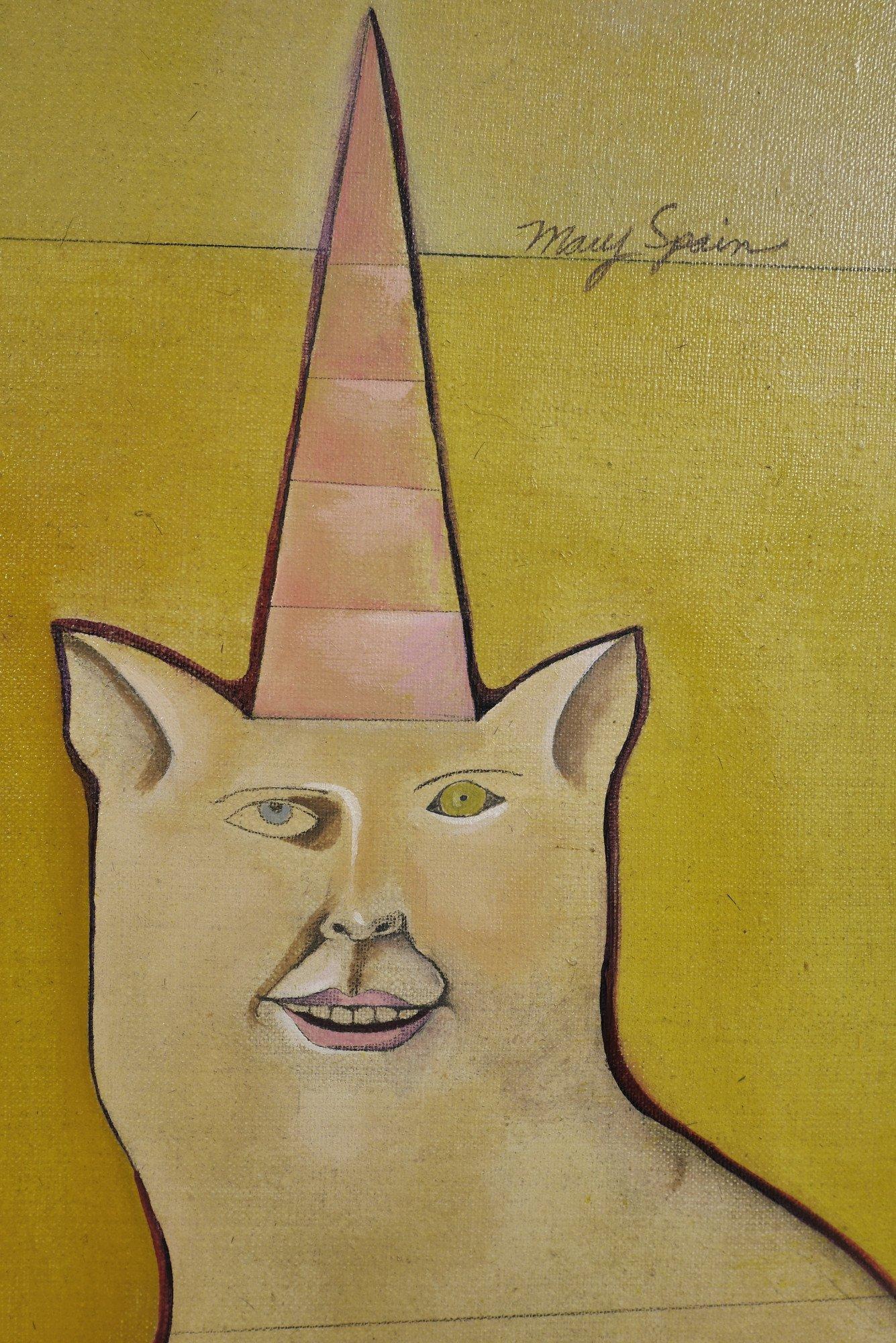 Janet y Bill, pintura surrealista de mujer y gato con sombreros de fiesta - Painting Surrealista de Mary Spain
