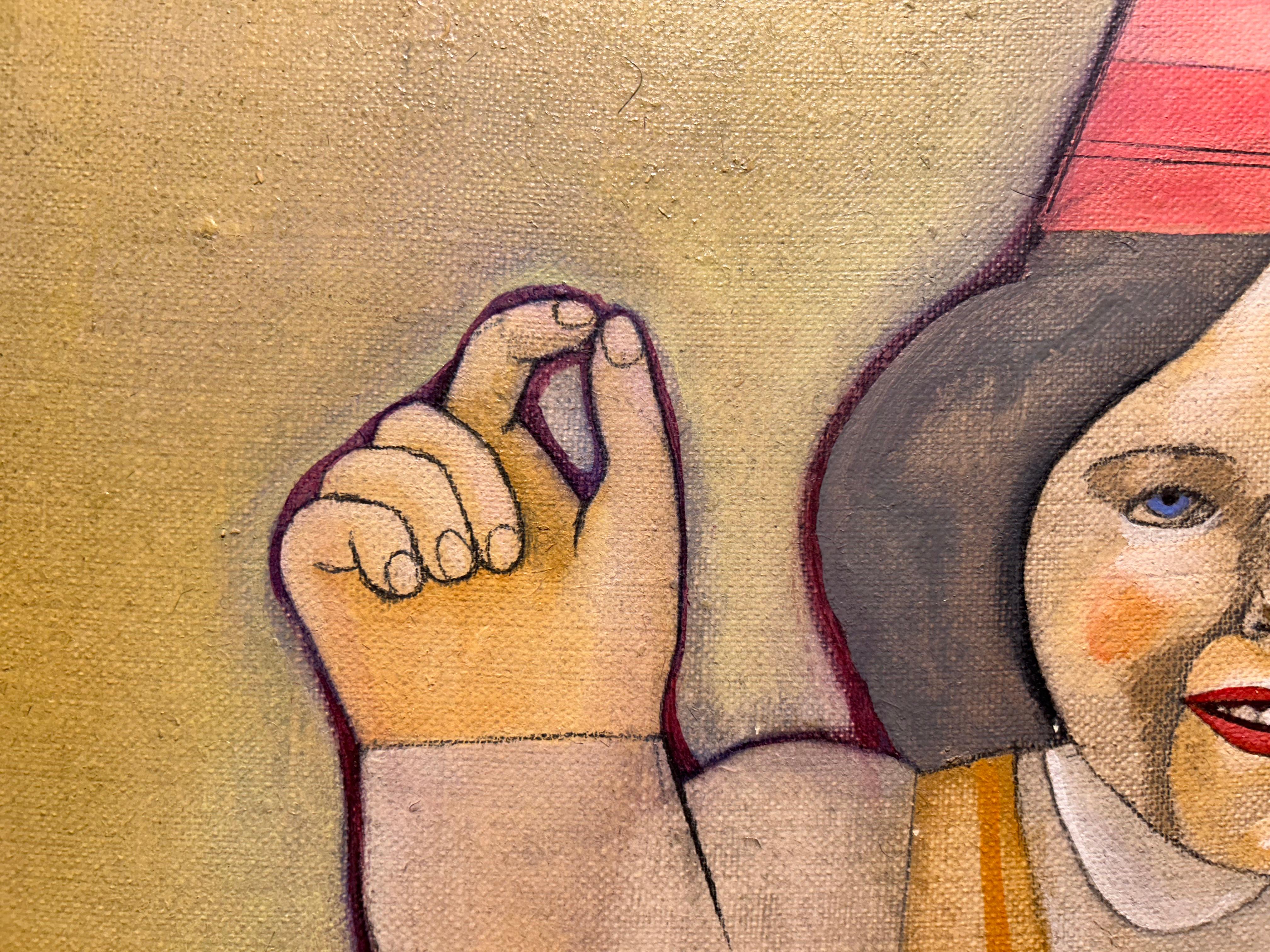 Janet and Bill, peinture surréaliste représentant une femme et un chat avec des chapeaux de soirée en vente 3