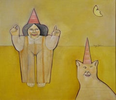Janet & Bill, large yellow whimsical oil painting of cat and woman, surrealist