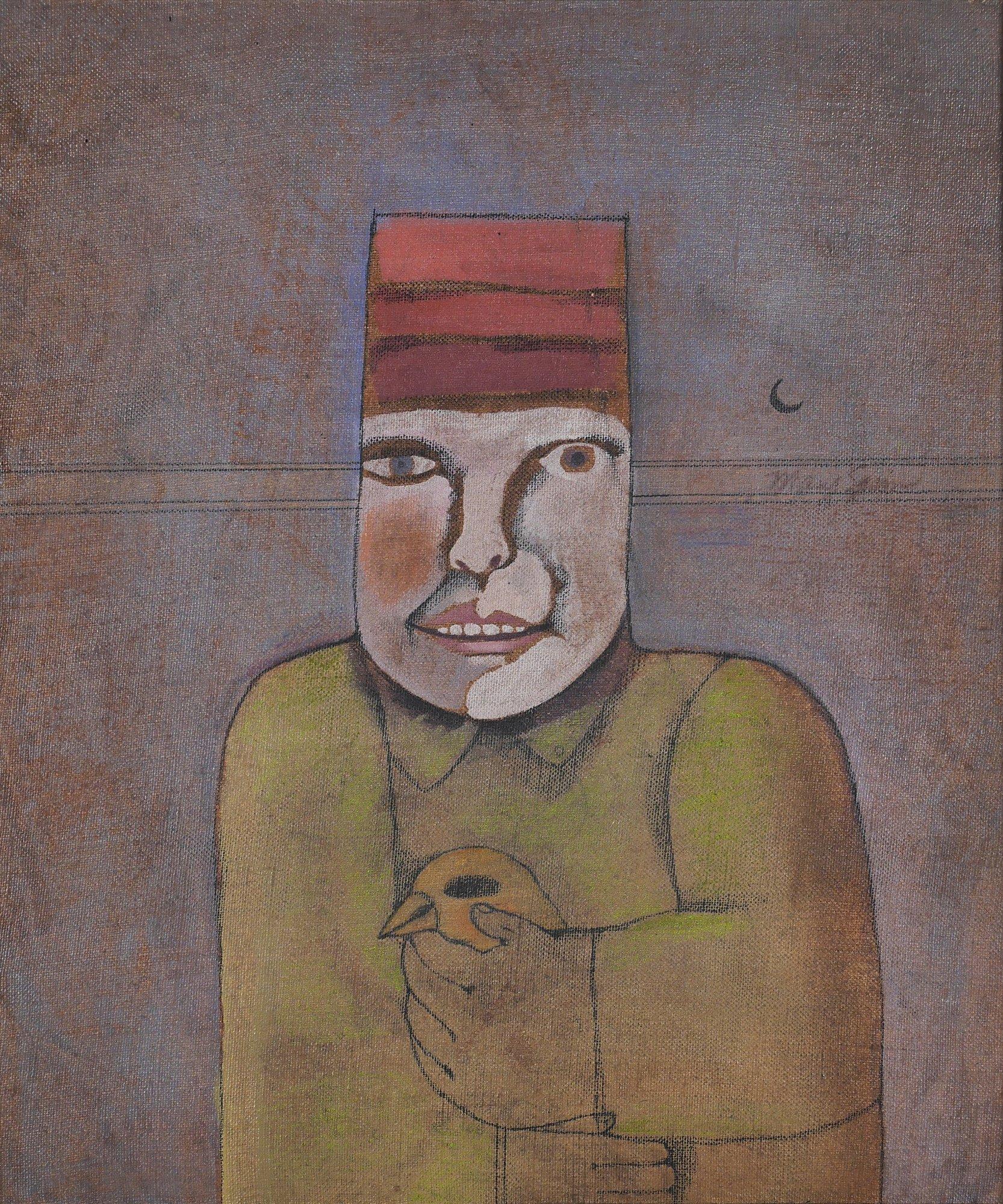 Nature morte d'un homme tenant un oiseau, artiste surréaliste femme de Cleveland - Painting de Mary Spain