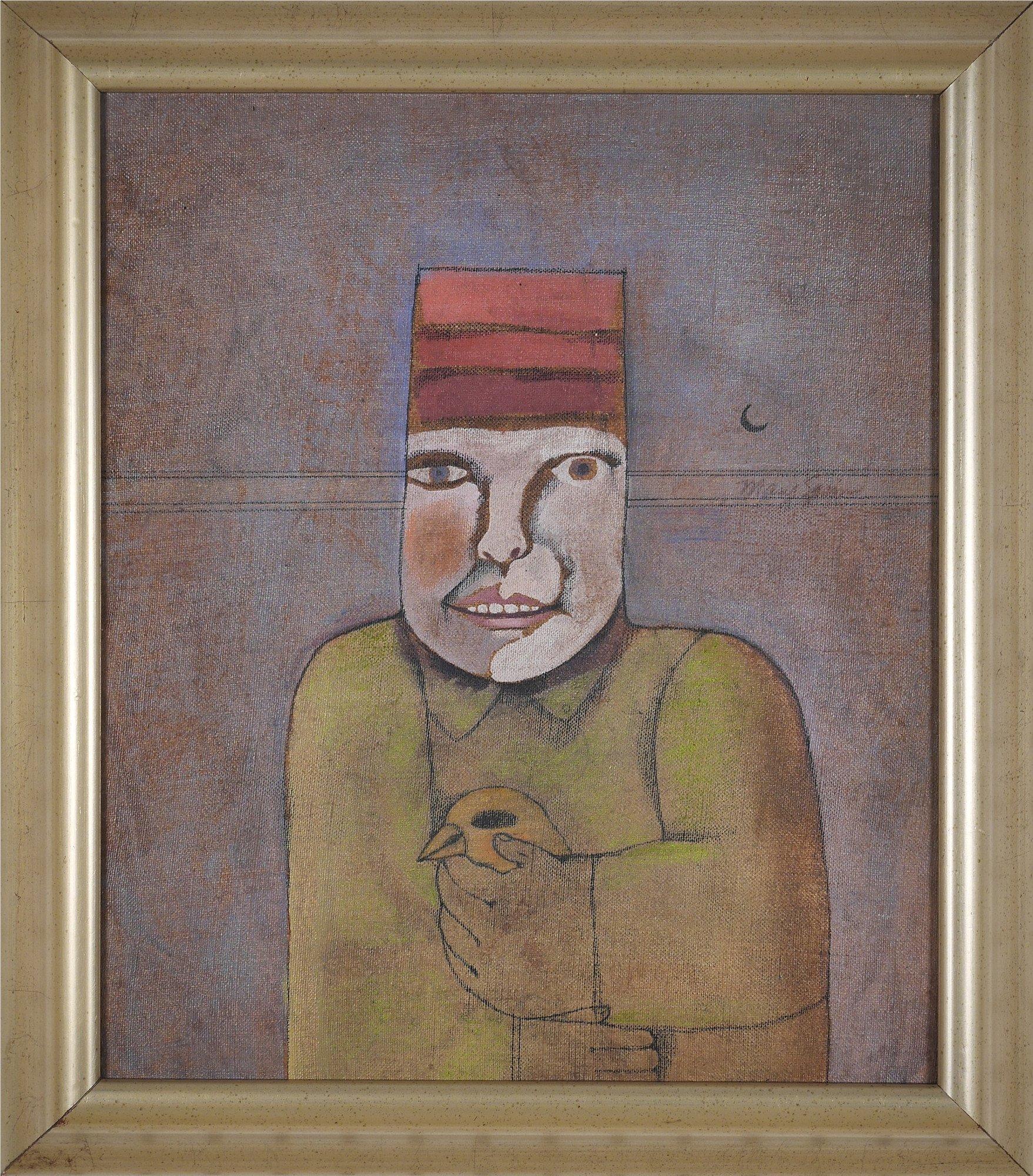 Bodegón de hombre sujetando un pájaro, surrealista Mujer Artista de Cleveland
