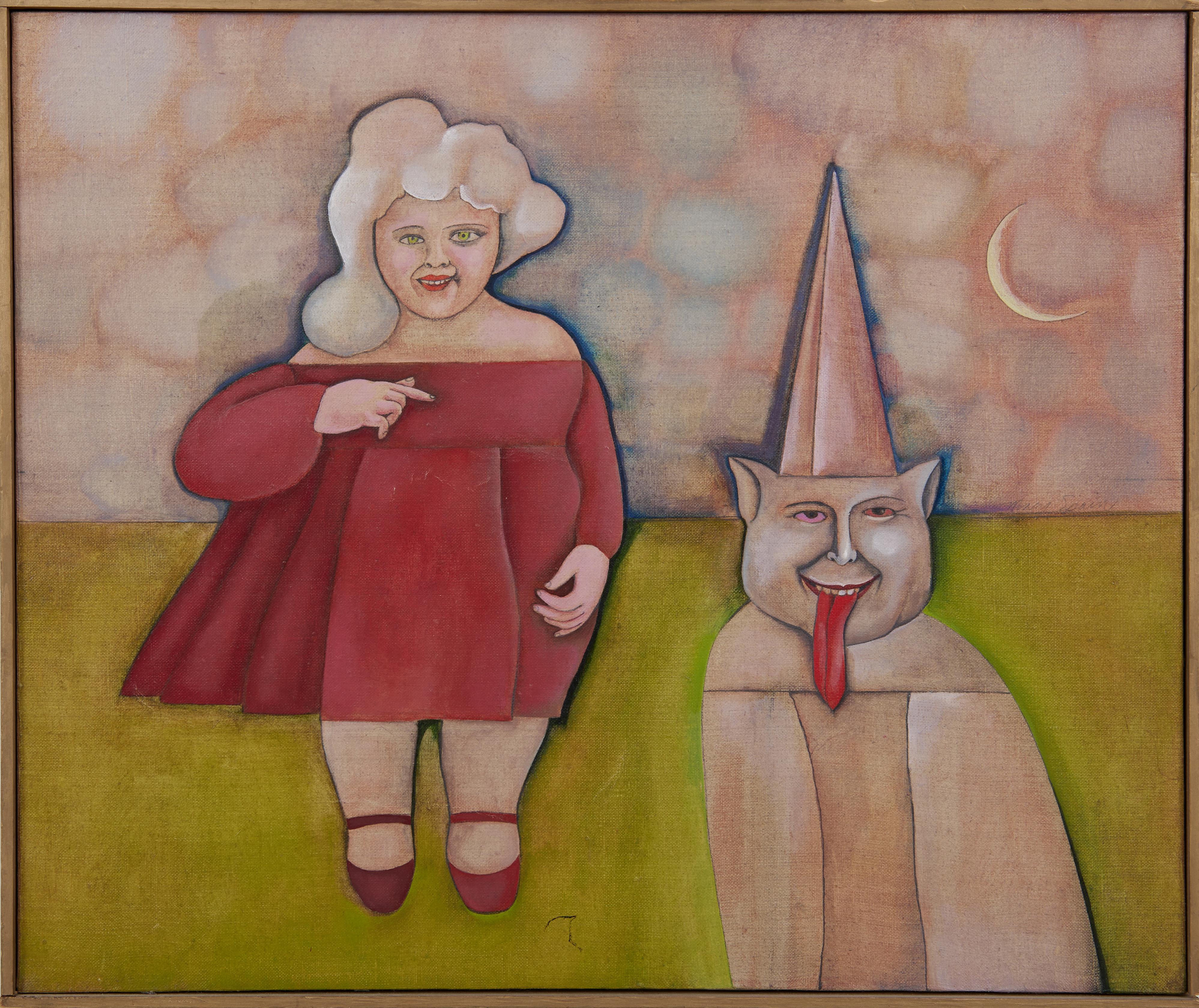 The Happy Couple, Mid Century Surrealist Fantasy Landscape by Ohio artist - Painting by Mary Spain