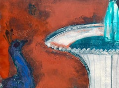 "Fountain and Fan", Surreal, White, Red, Blue, Oil, Monotype, Mixed Media
