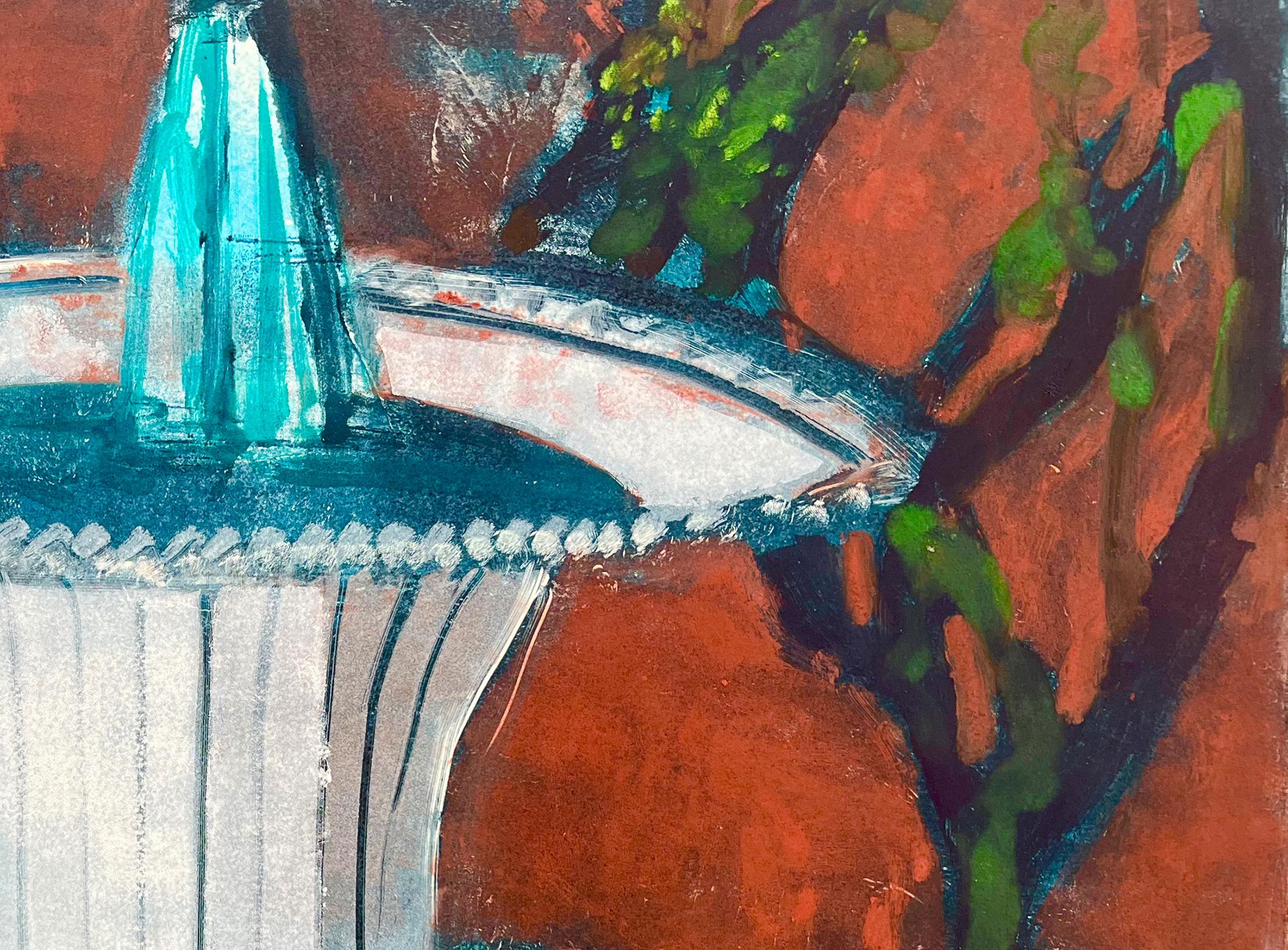 “Fountain and Fan” by artist Mary Spencer is a 22.5 x 30 inch surreal mixed media painting on paper with dominant colors of blue, red and white. The painting is signed and dated on the front and back.

Mary Spencer’s works on paper investigate gaze
