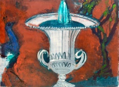 "Fuente y abanico", surrealista, blanco, rojo, azul, óleo, monotipo, técnica mixta