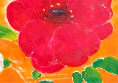 "Nantucket Rose", Contemporary, Red, Pink, Green, Oil, Monotype, Mixed Media