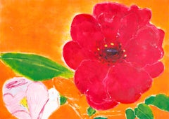"Rosa de Nantucket", contemporáneo, rojo, rosa, verde, óleo, monotipo, técnica mixta