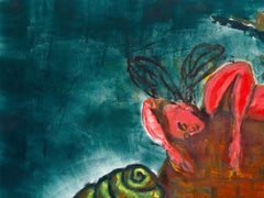 "Robber", Surreal Figure, Green, Red, Blue, Oil, Monotype, Mixed Media