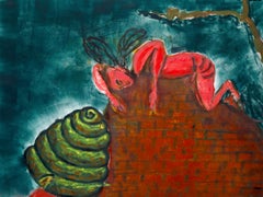 «bber », surréaliste, figure, vert, rouge, bleu, huile, monotype, technique mixte, 1980