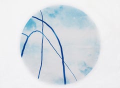 "Bright Echo" - cyanotype, circle, sky, clouds, branches, blue