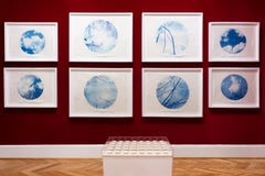 "Indefinite Entanglement" - cyanotype, circle, sky, clouds, branches, blue