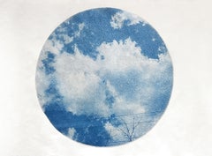 "Passing Through" - cyanotype, circle, sky, clouds, branches, blue
