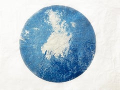 "Passing Through" - cyanotype, circle, sky, clouds, branches, blue