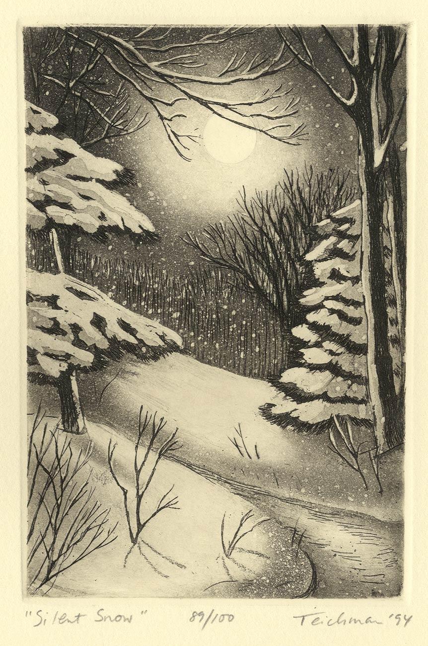 Silent Snow (Poetische Bilder und Weihnachts Erinnerungen in Neuengland) (Braun), Still-Life Print, von Mary Teichman