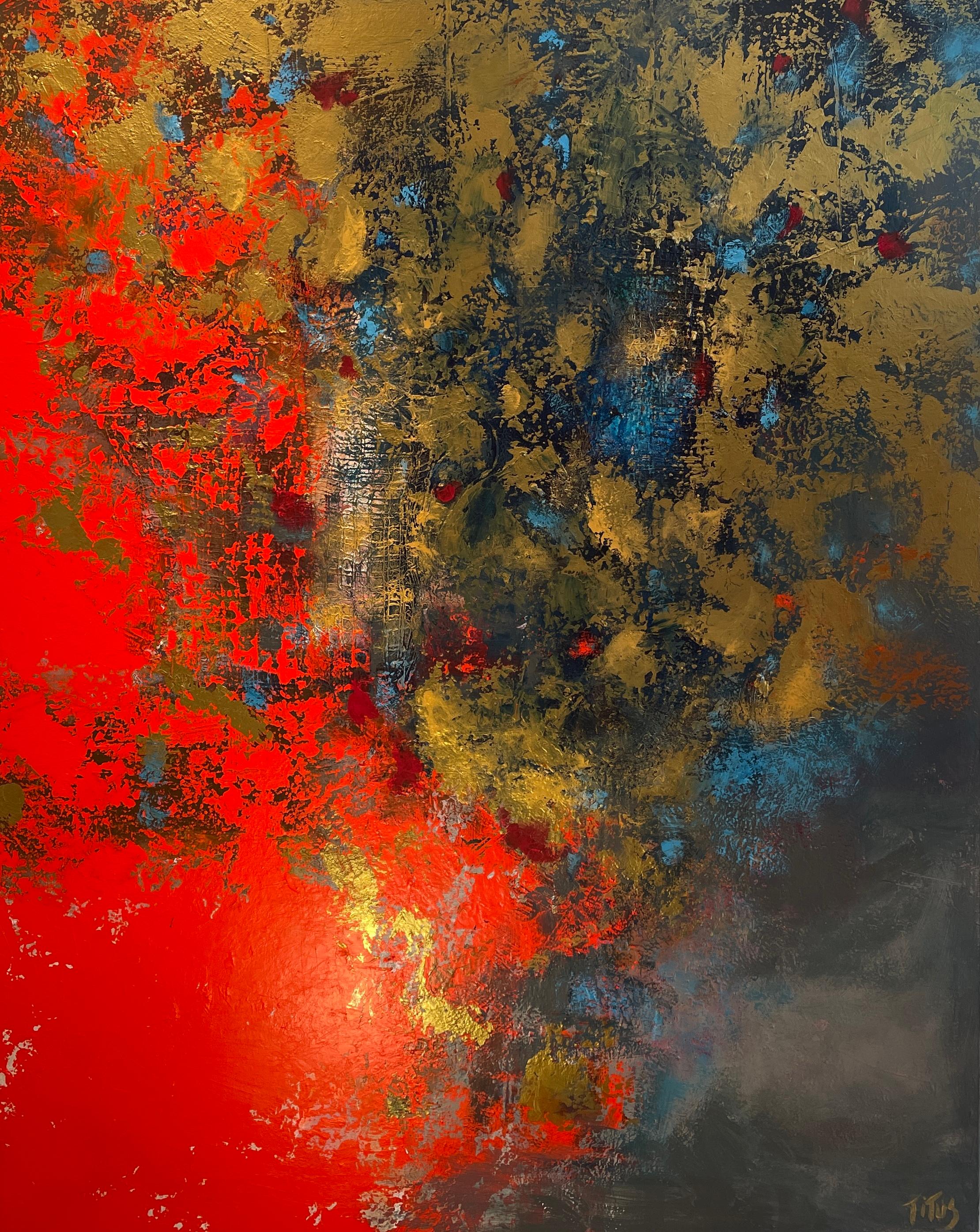 The painting "Consciousness" by Mary Titus is a vivid portrayal of emotional intensity through abstract expressionism. The canvas is dominated by a fiery red that seems to blaze upwards, evoking a sense of passion and dynamism. Against this, the