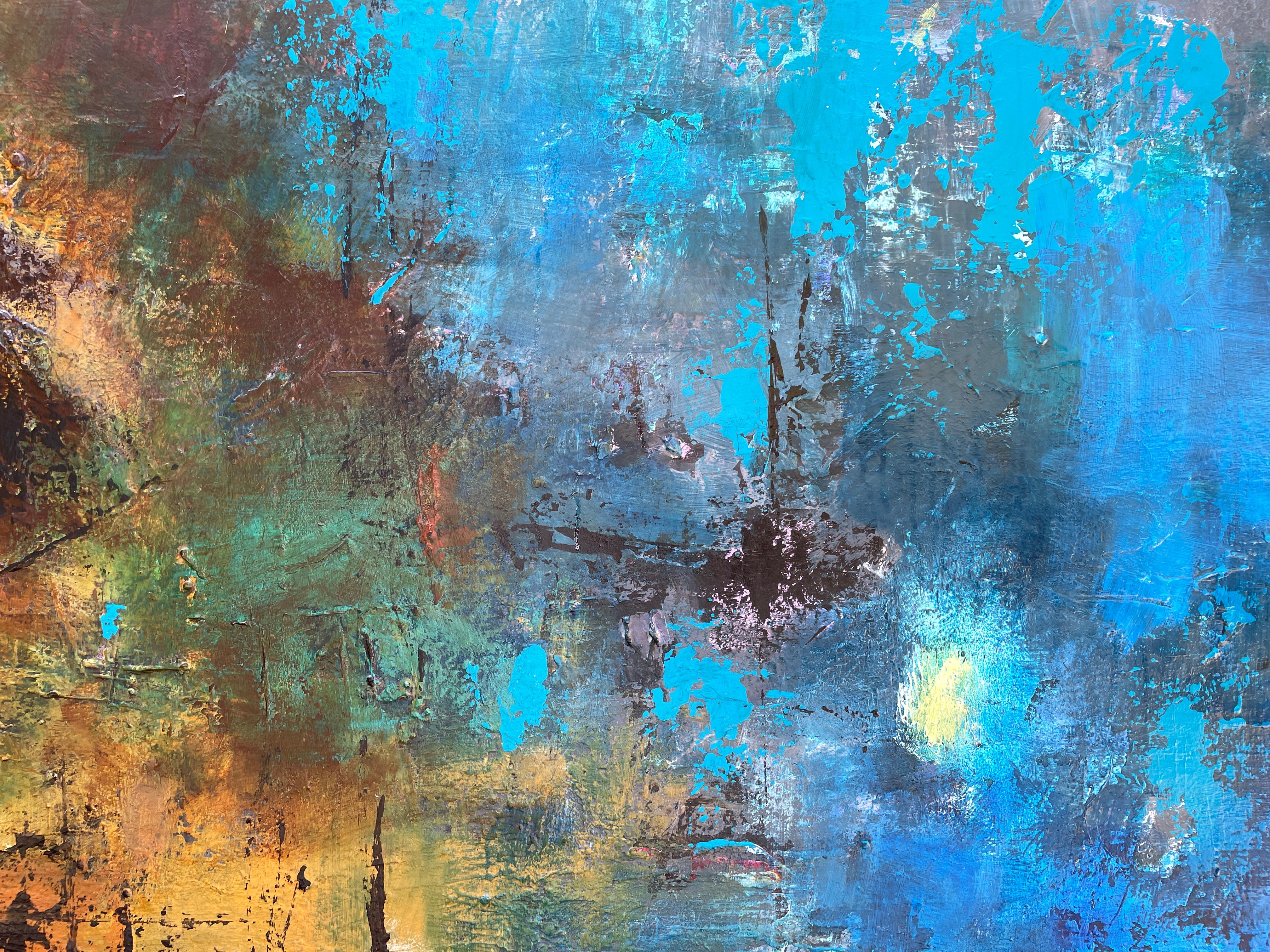 'Crossing Over' - Blue and Gold Abstract with Feather - Abstract Expressionism  1