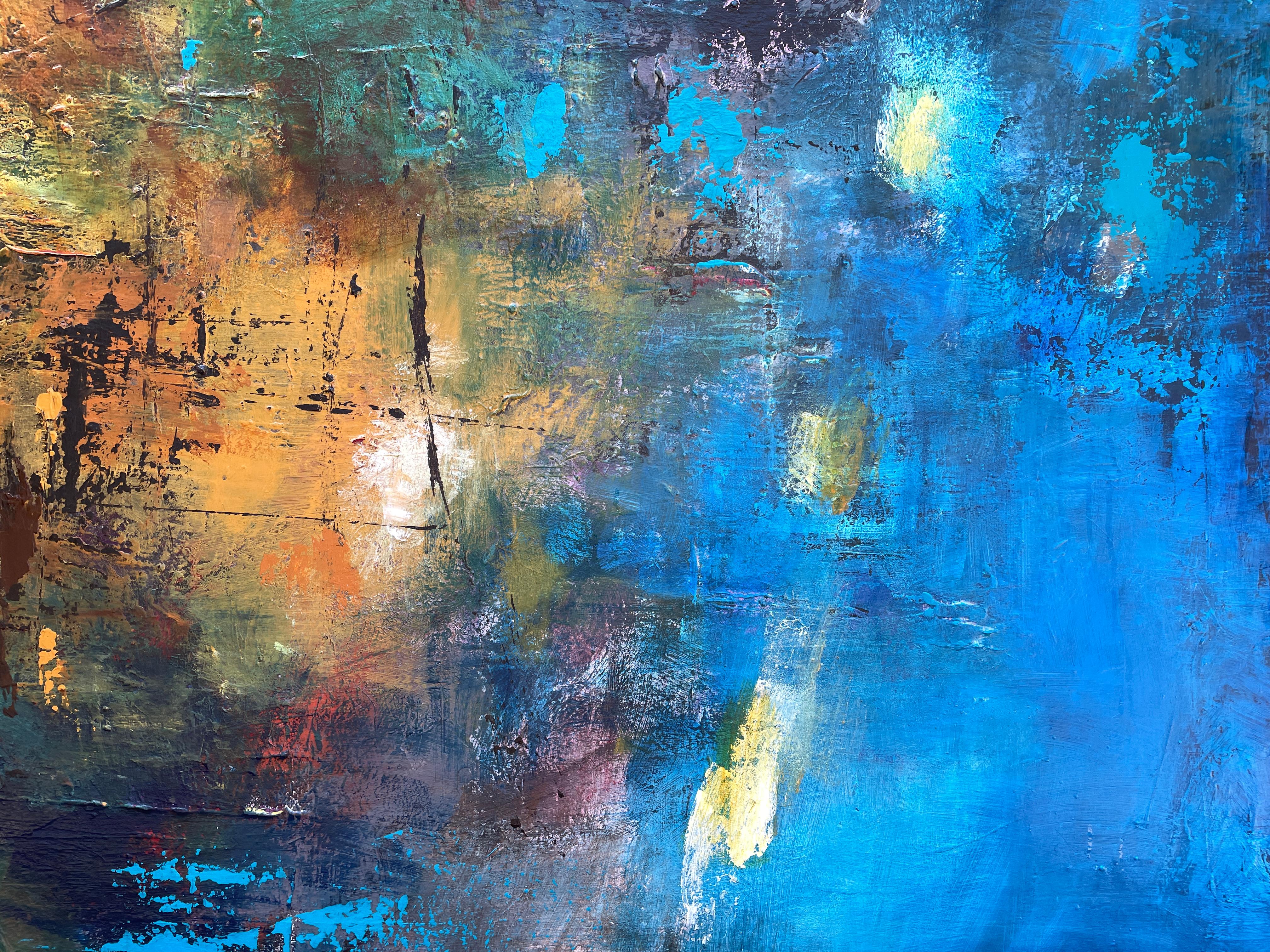 'Crossing Over' - Blue and Gold Abstract with Feather - Abstract Expressionism  2