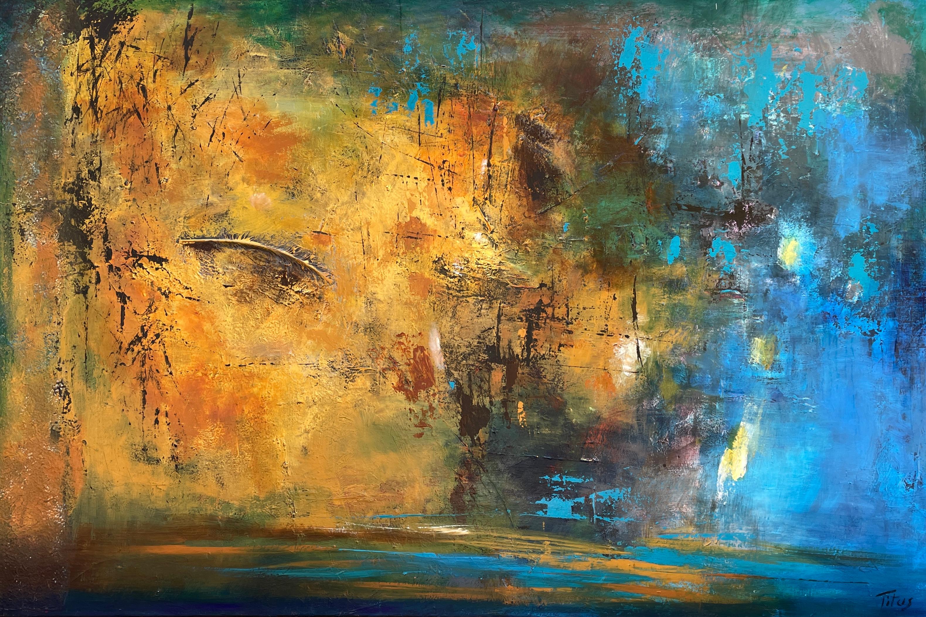 Mary Titus Abstract Painting - 'Crossing Over' - Blue and Gold Abstract with Feather - Abstract Expressionism 
