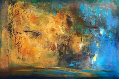 „Crossing Over“ - Blau und Gold Abstrakt mit Federn - Abstrakter Expressionismus 