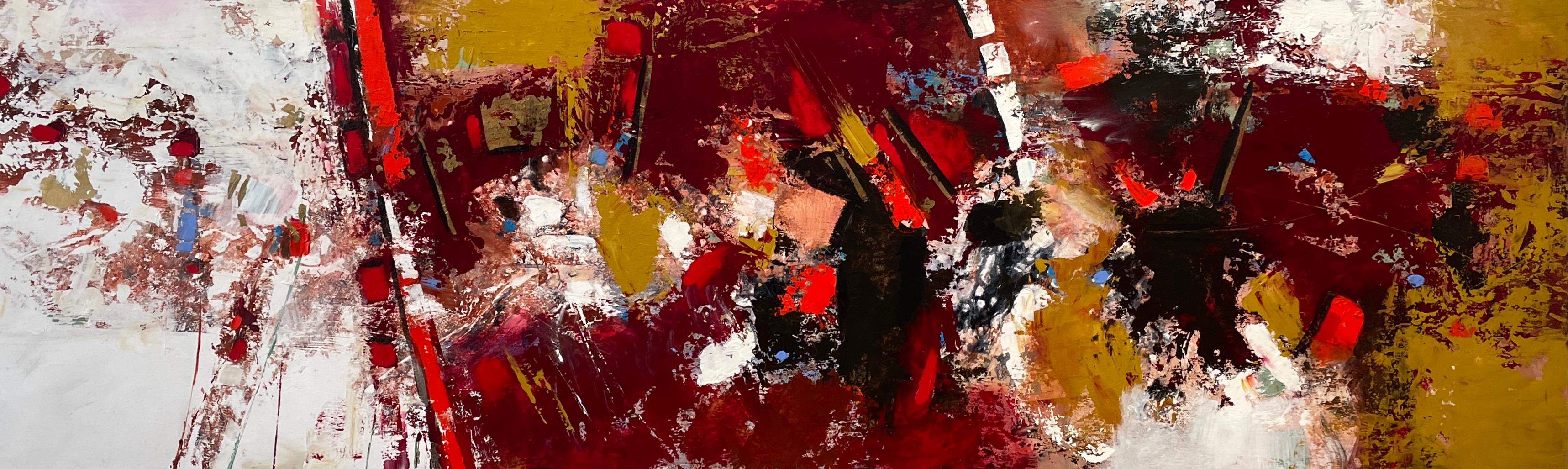 Mary Titus's "Crosswalk" is a 24" x 78" mixed media on wood panel that engages the viewer with its abstract interpretation of urban motion. The piece uses a striking array of colors—bold reds and deep maroons intermingle with splashes of white,